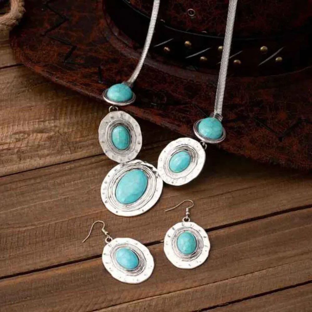Western Boho Turquoise Silver Necklace and Earring Set